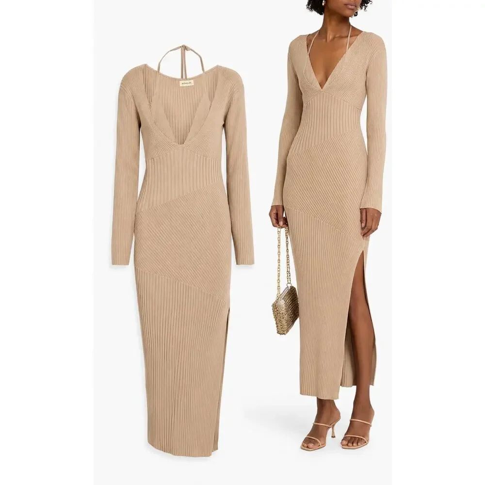 NWT NICHOLAS Aman Layered Ribbed Knit Maxi Dress Light Beige sz L